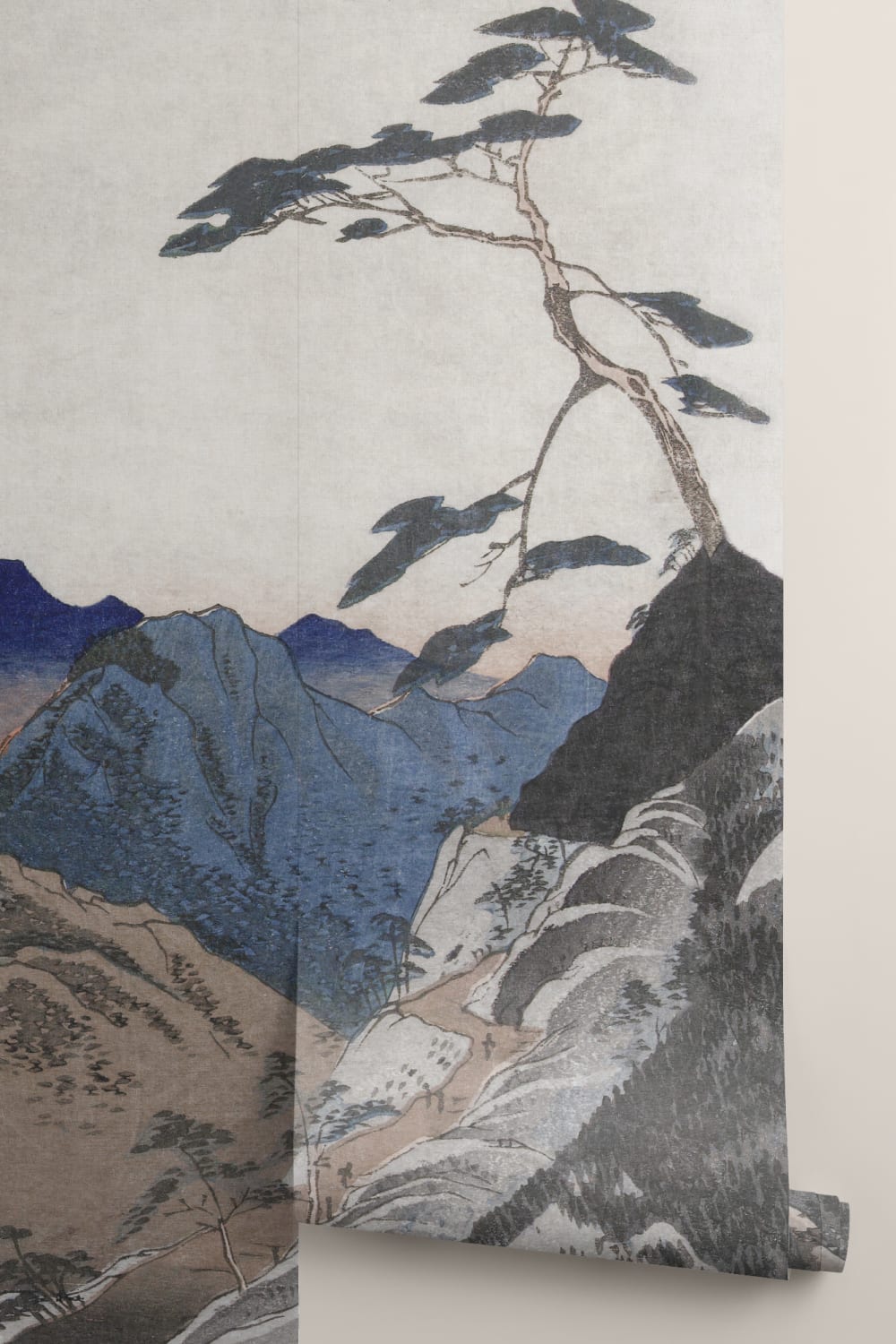 Mural de arte de montanha de paisagem japonesa bege e azul