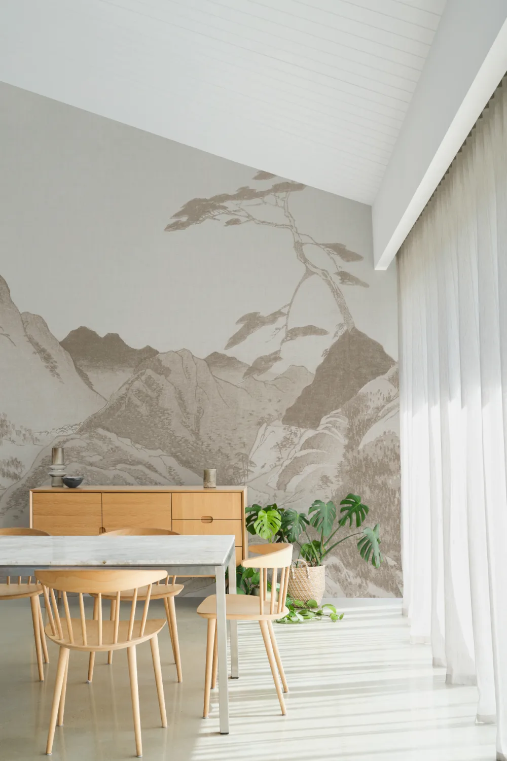 Scenic Beige Japanese Art Mountain Landscape Mural