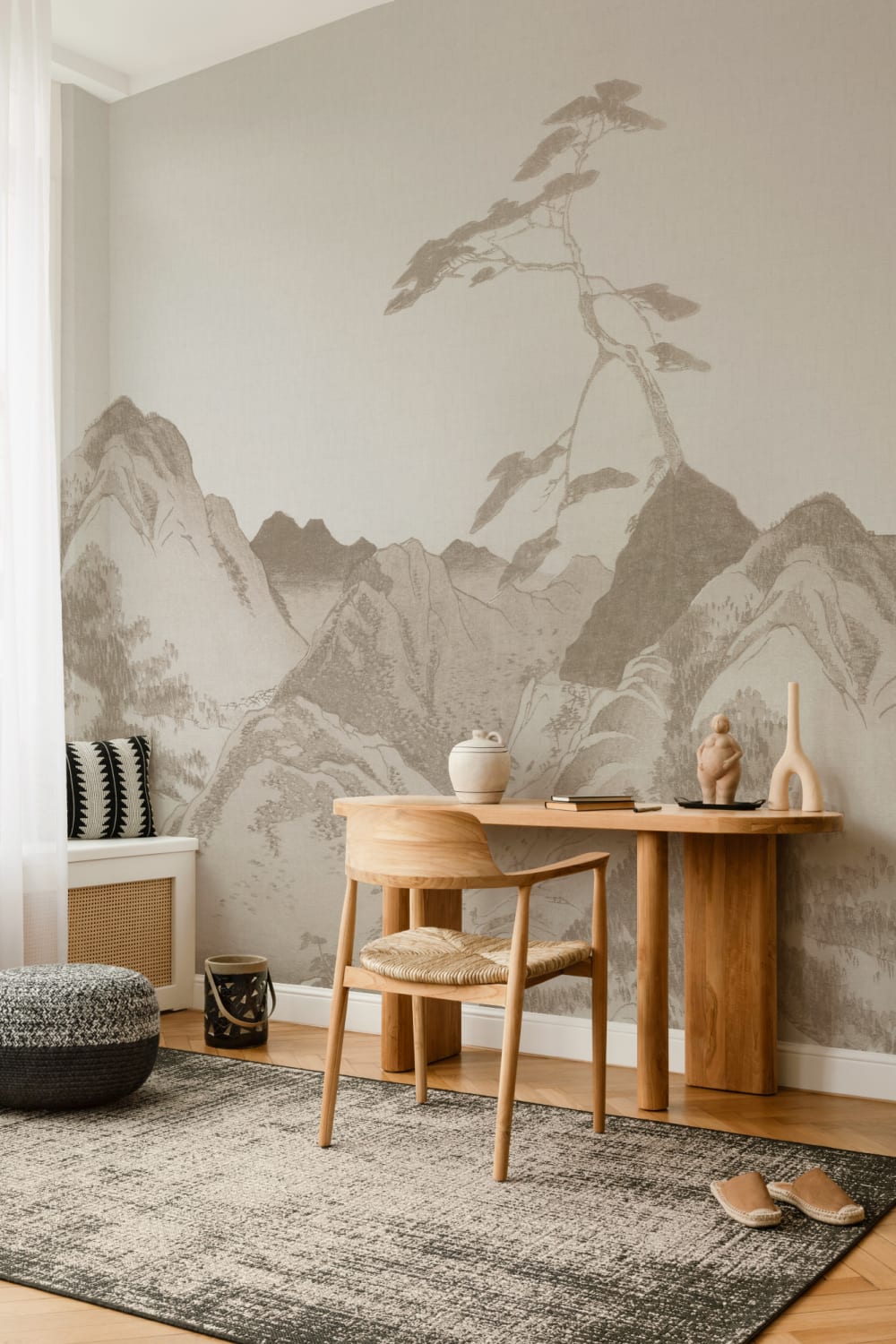 Scenic Beige Japanese Art Mountain Landscape Mural