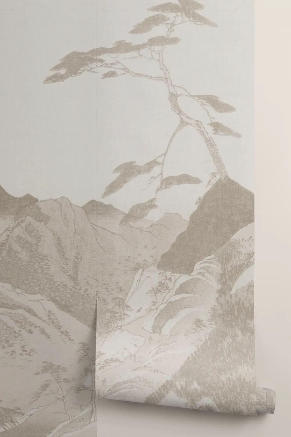 Scenic Beige Japanese Art Mountain Landscape Mural