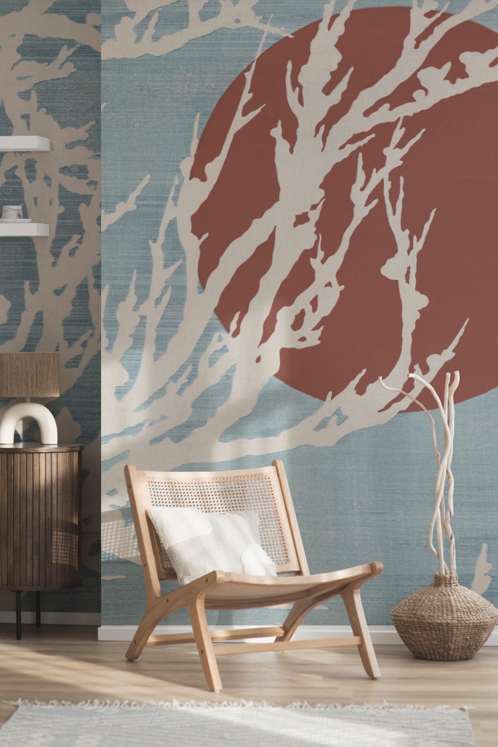 Blue and Red Japanese Artistic Nature Mural