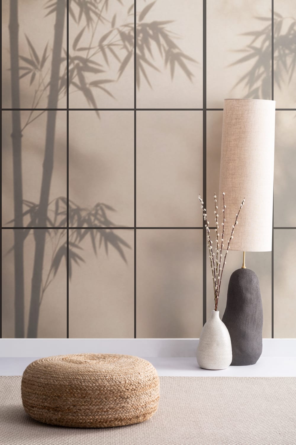 Beige Shoji japanische Natur-Fototapete für ruhige Räume