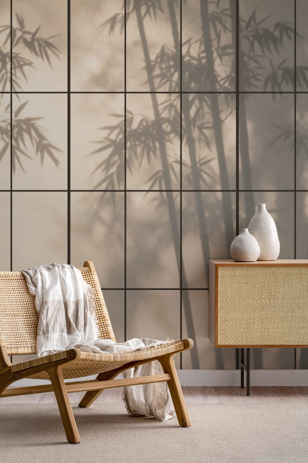 Beige Shoji japanische Natur-Fototapete für ruhige Räume