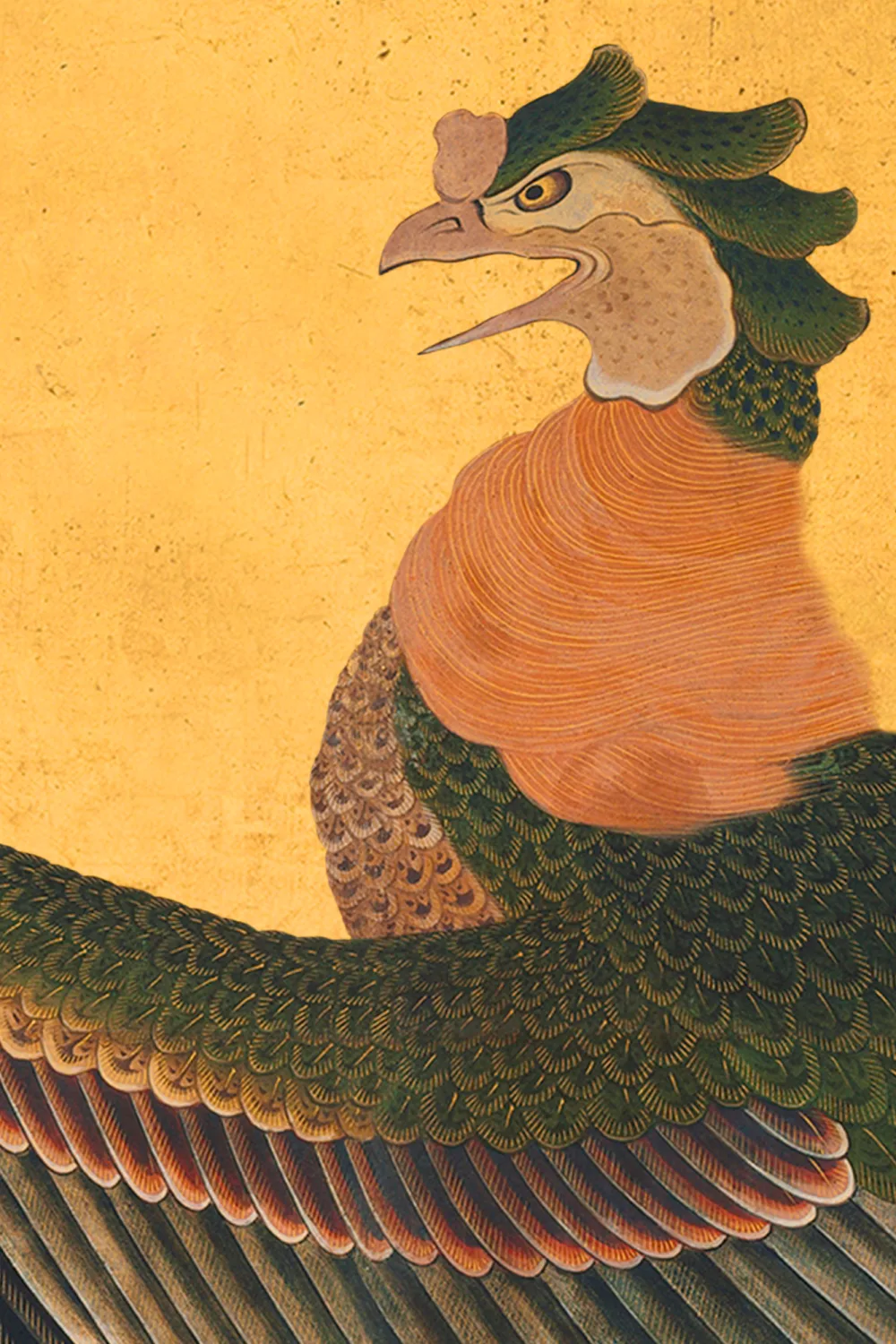 Yellow Illustrated Japanese Peacock Mural