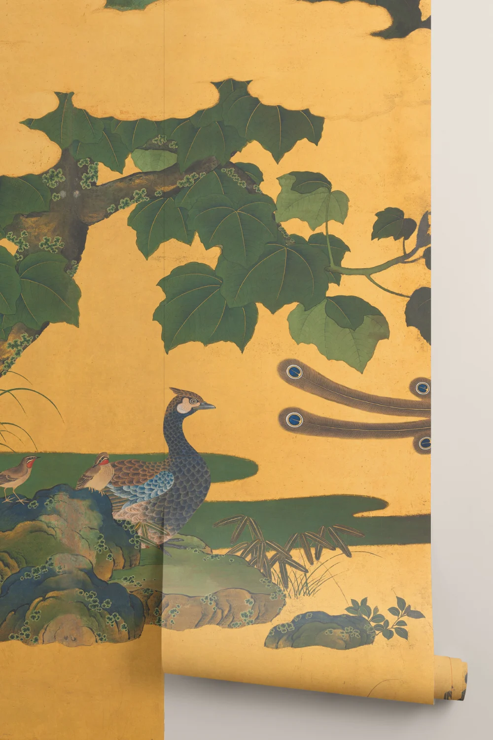 Yellow Illustrated Japanese Peacock Mural
