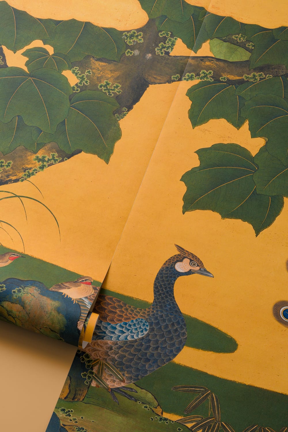 Yellow Illustrated Japanese Peacock Mural