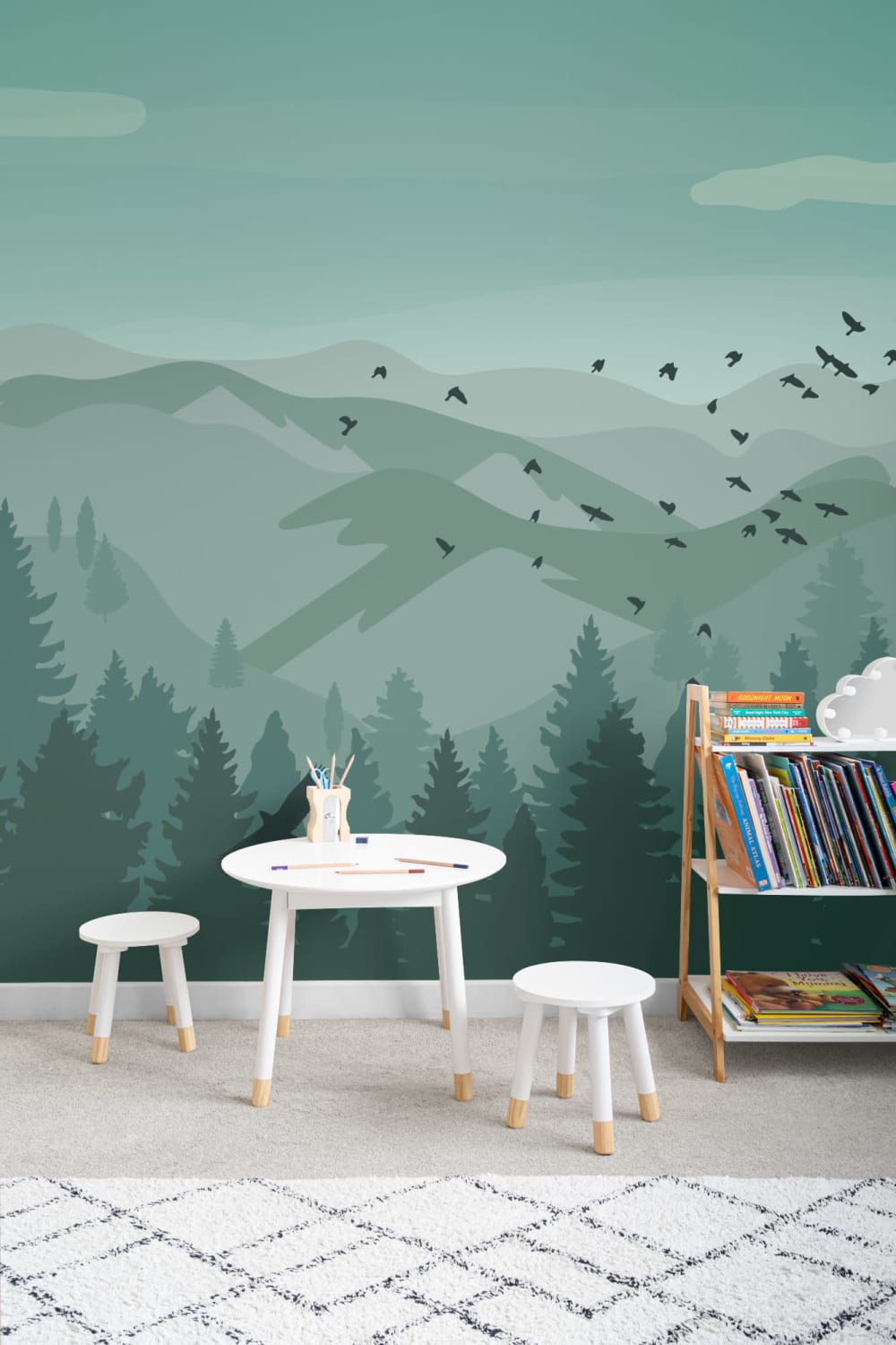 Illustrated Green Landscape Wallpaper Mural