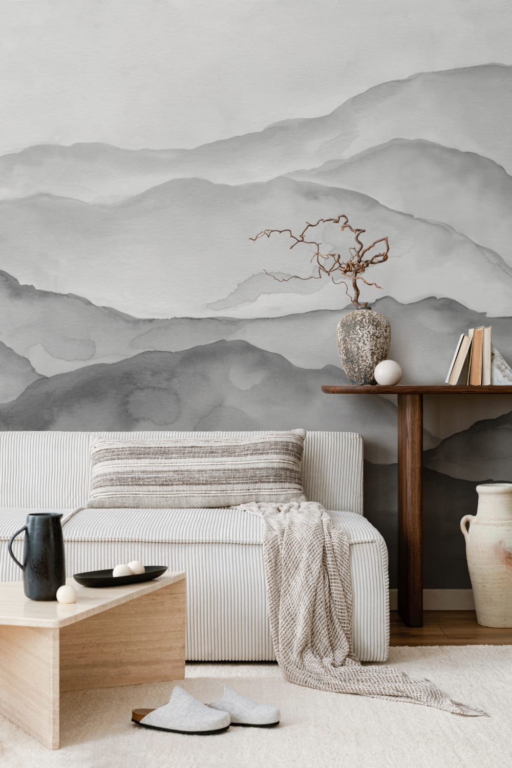 Gray Watercolor Peaceful Mountain Wallpaper Mural