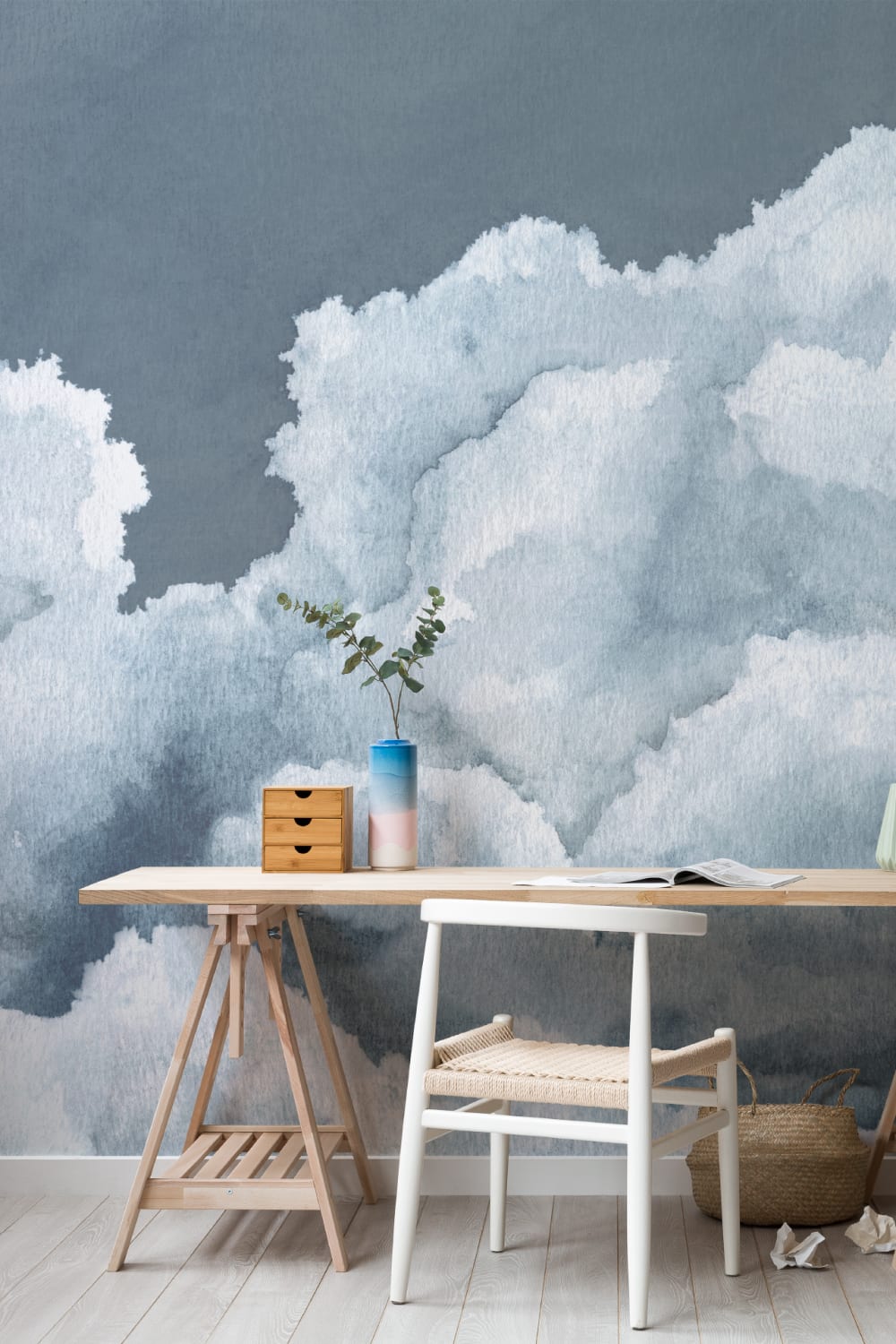 Céu de aguarela azul escuro nublado Papel de parede mural