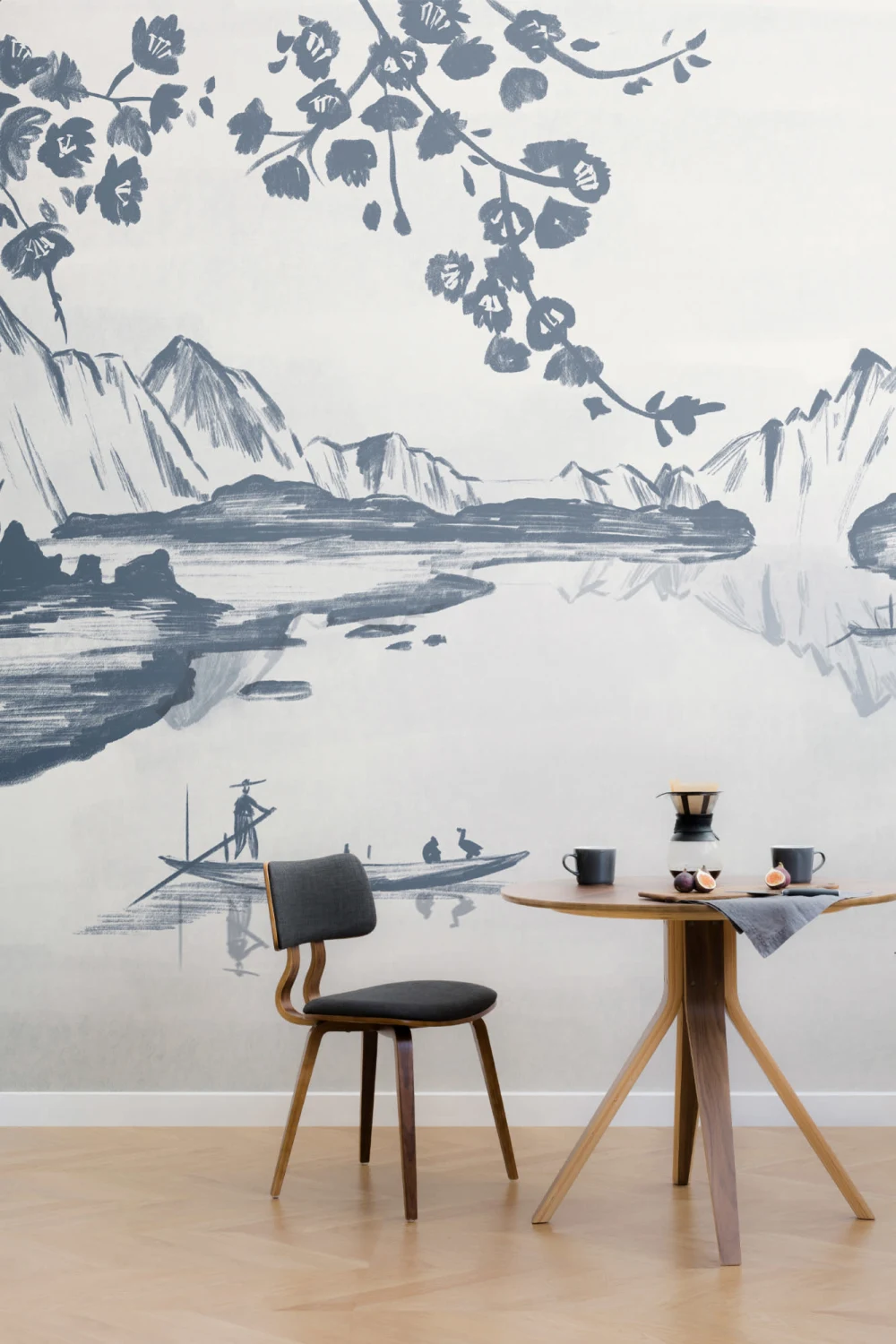Mural Papel Pintado de China con Montañas y Lago de Tinta Azul