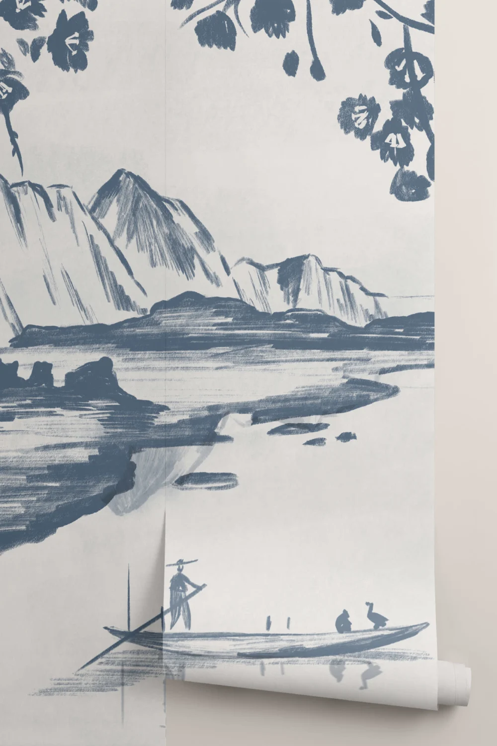 Mural Papel Pintado de China con Montañas y Lago de Tinta Azul