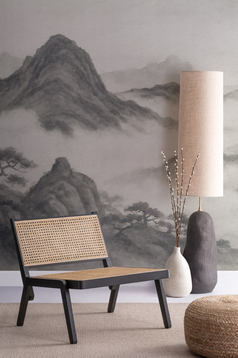 Mural de parede de paisagem de montanha japonesa a carvão