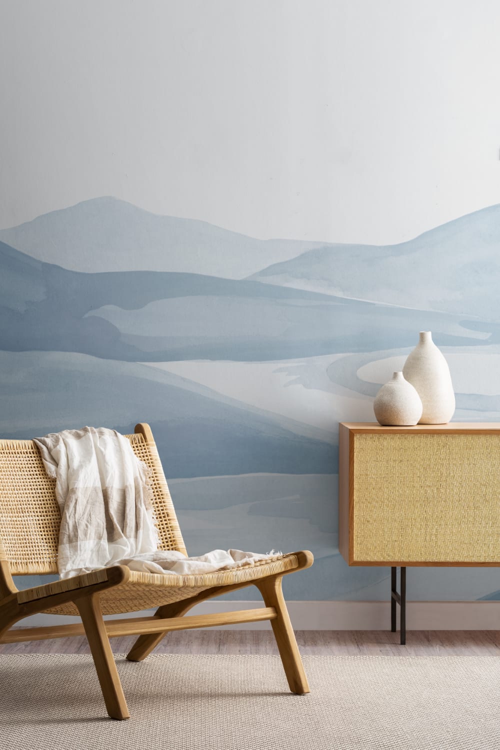 Blue Watercolor Valley Landscape Mural