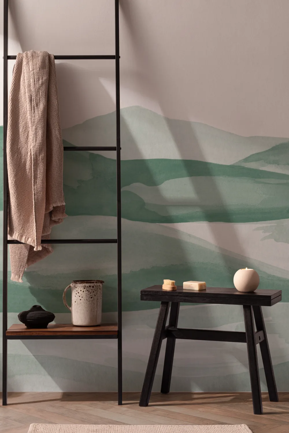 Dark Green Watercolor Valley Landscape Mural