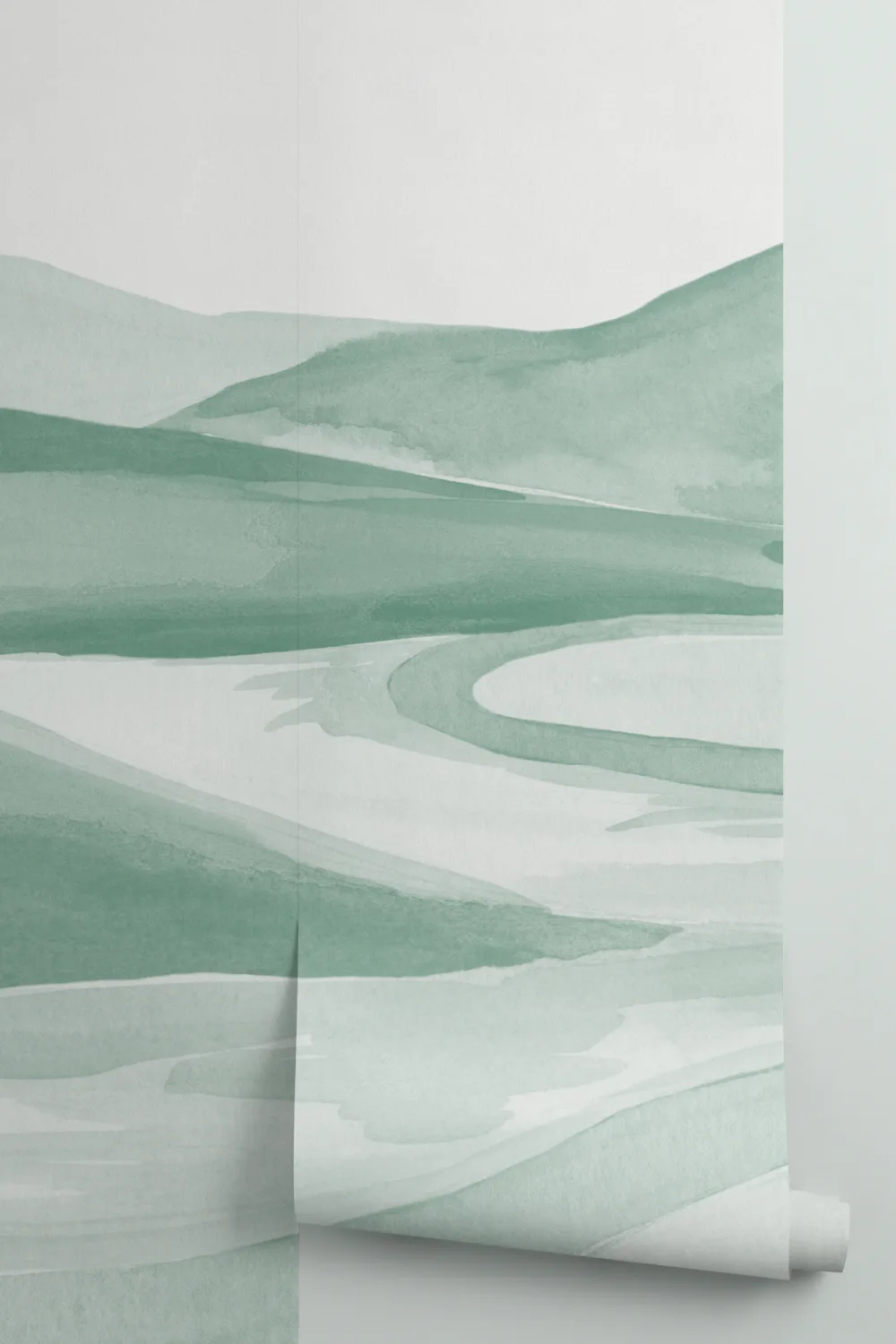 Dark Green Watercolor Valley Landscape Mural