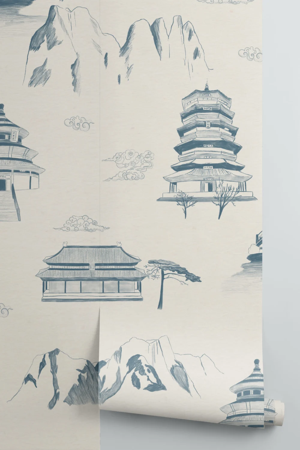 Ancient Chinese Blue Illustrations Pattern Wallpaper Mural