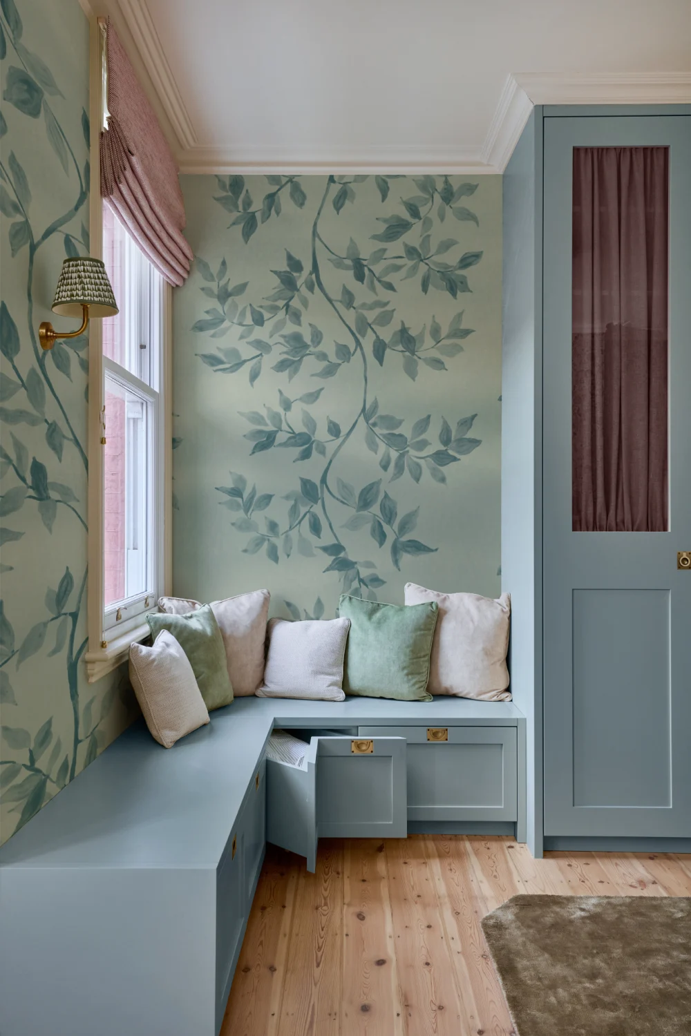 Teal Poetic Leaves Botanical Mural For Serene Spaces