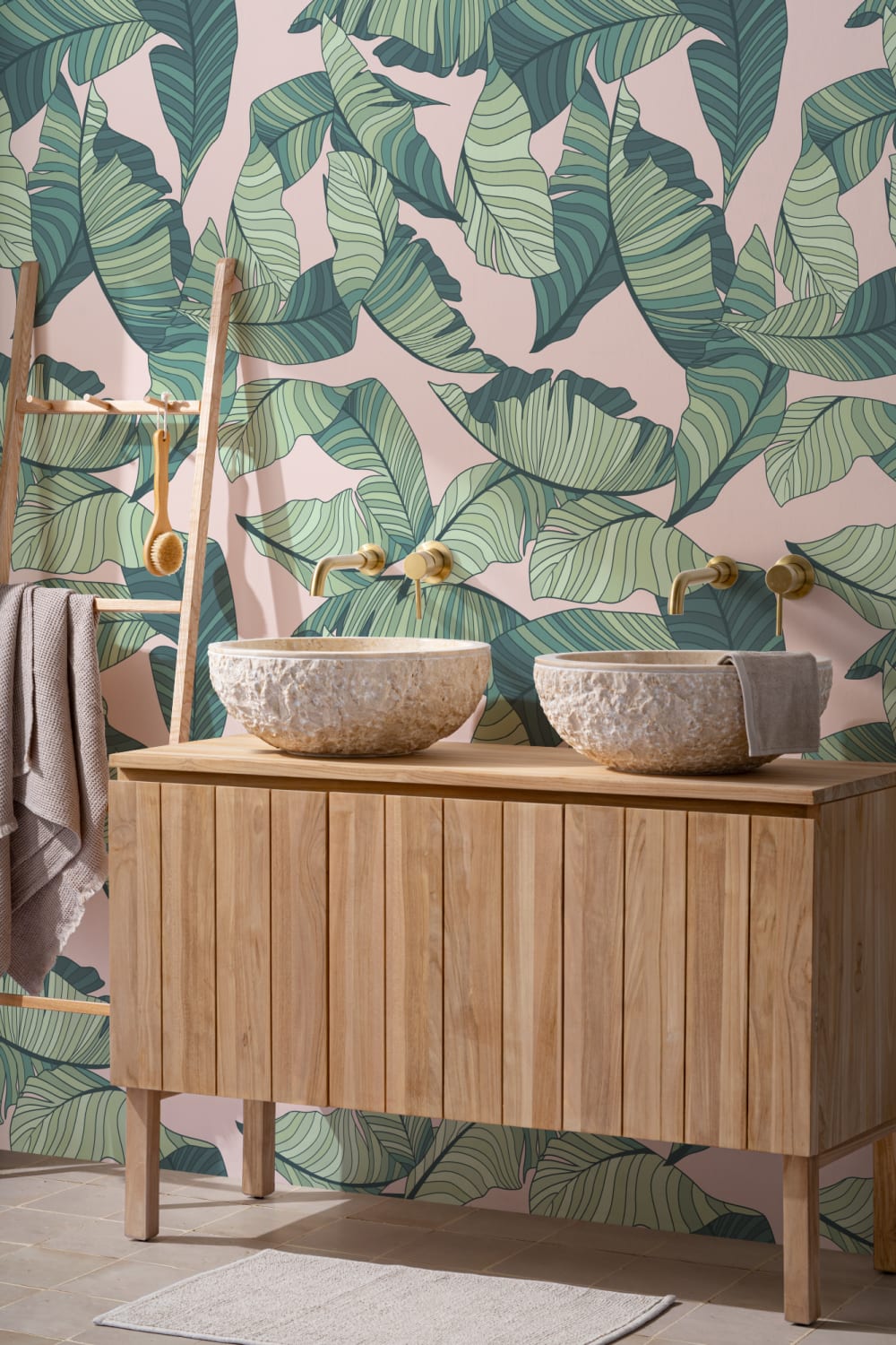 Pink & Green Tropical Leaf Wallpaper Mural