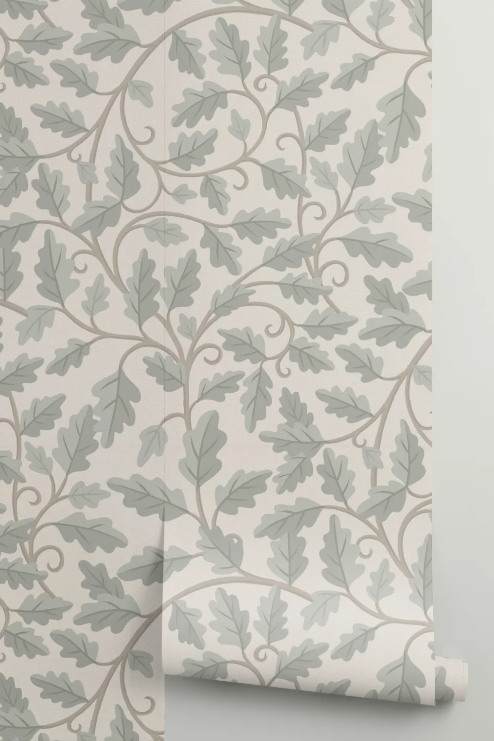 Papier peint panoramique classique à motif de feuilles de chêne gris