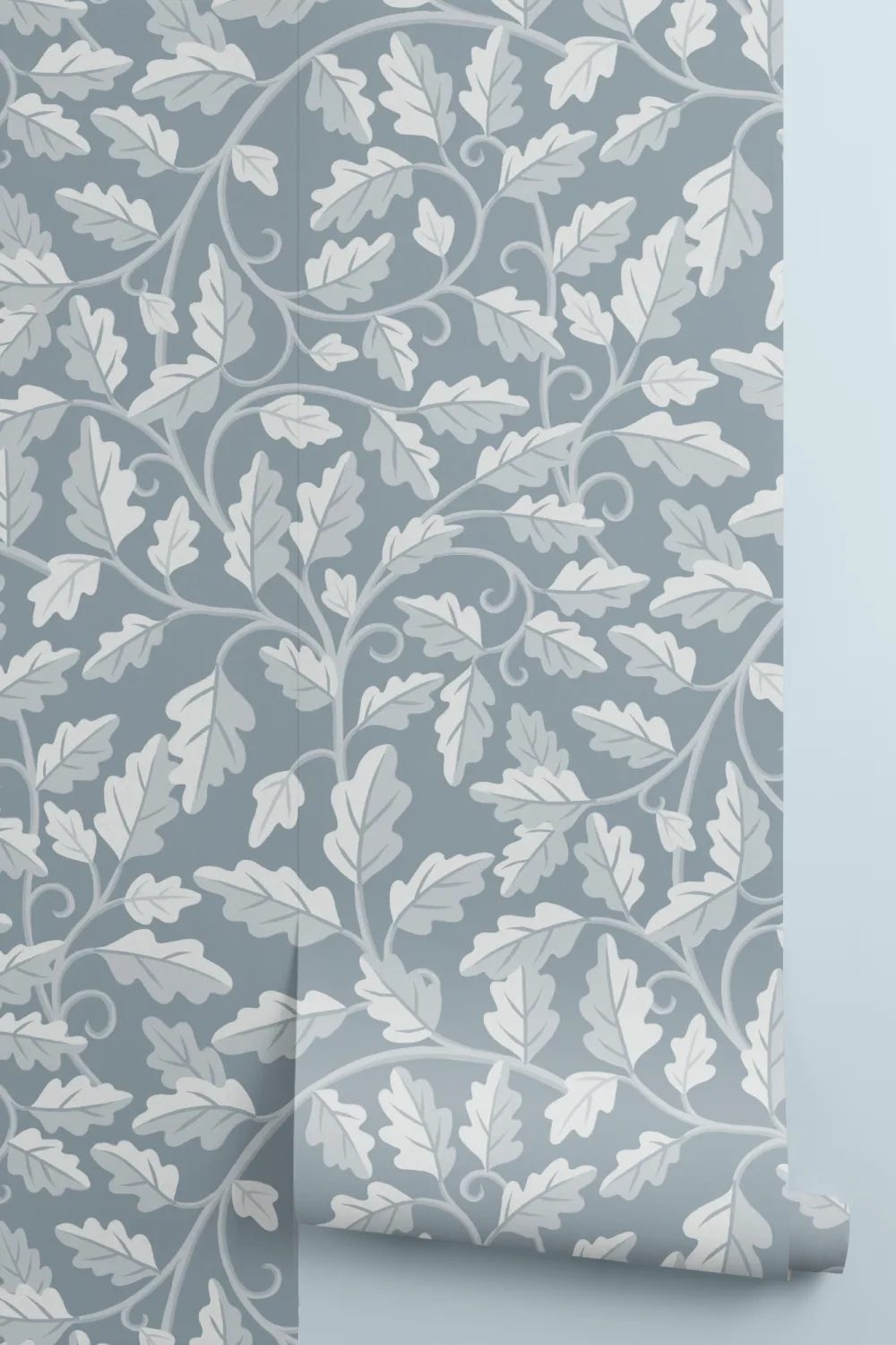 Blue Oak Leaf Botanical Pattern Mural for Serene Spaces