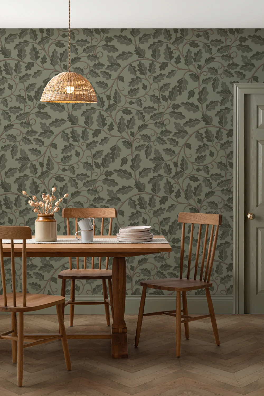 Groen eikenbladpatroon natuur muurschildering voor botanische charme