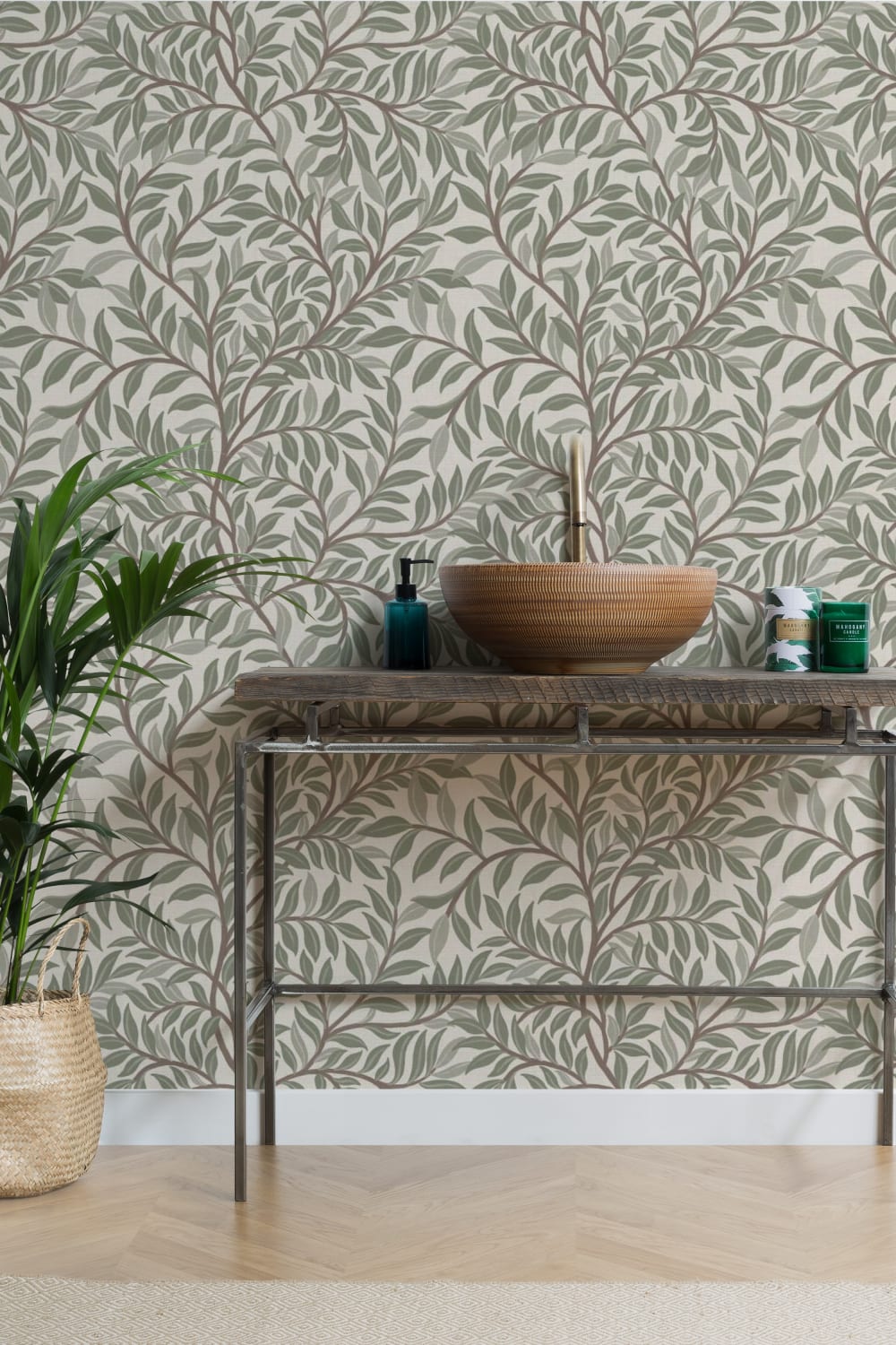 Groene klassieke botanische bladerenpatroon muurschildering