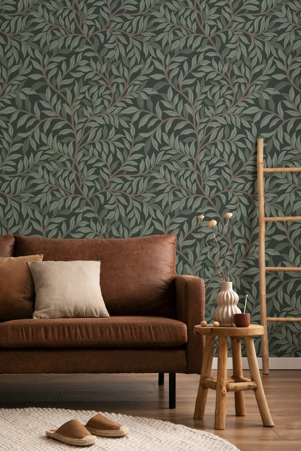 Green Botanical Pattern Mural For A Serene Atmosphere