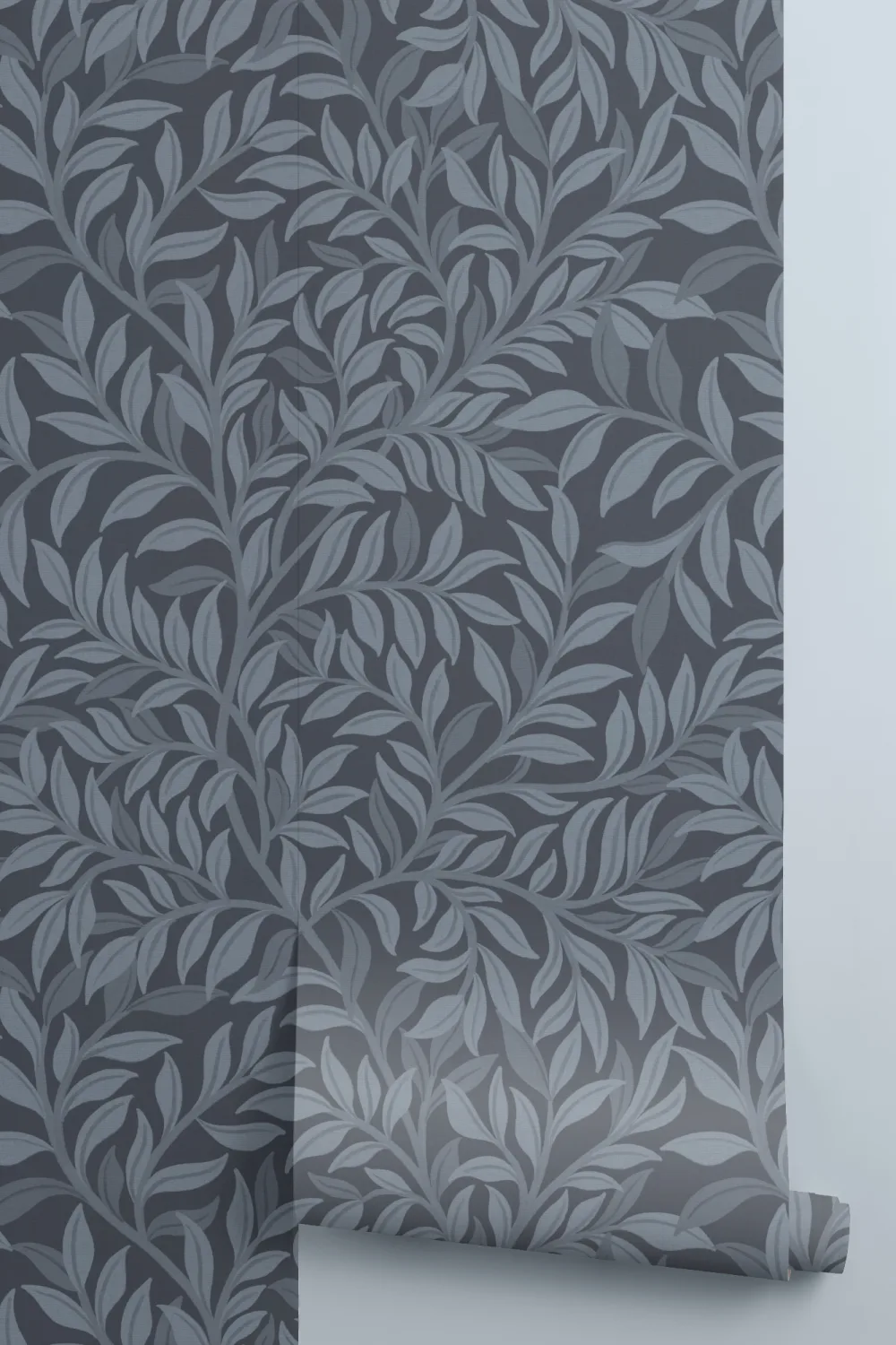 Marinblå botanisk elegans bladmönster tapet mural-tapeter