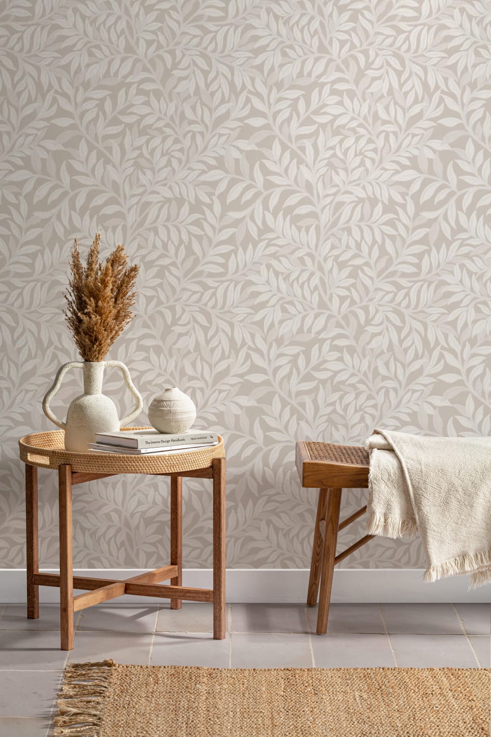 Beige botanisch bladpatroon muurschildering