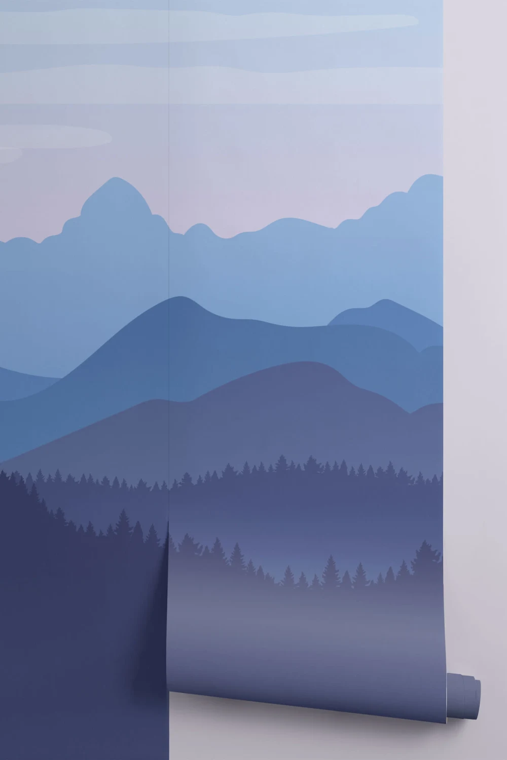 Blue Illustrated Landscape Mountains Wallpaper Mural