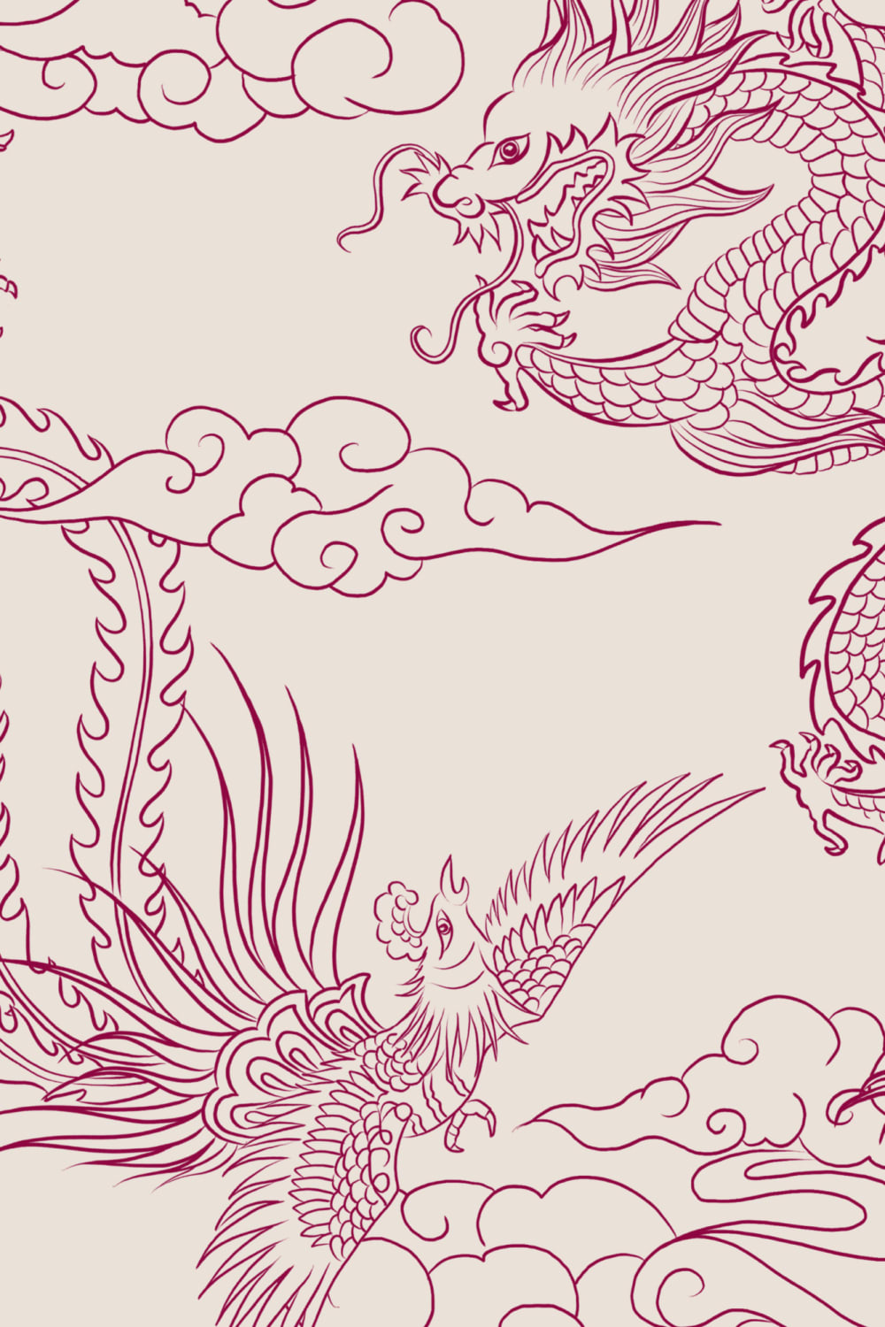 Papel de parede do contorno do dragão chinês e da fénix Raspberry