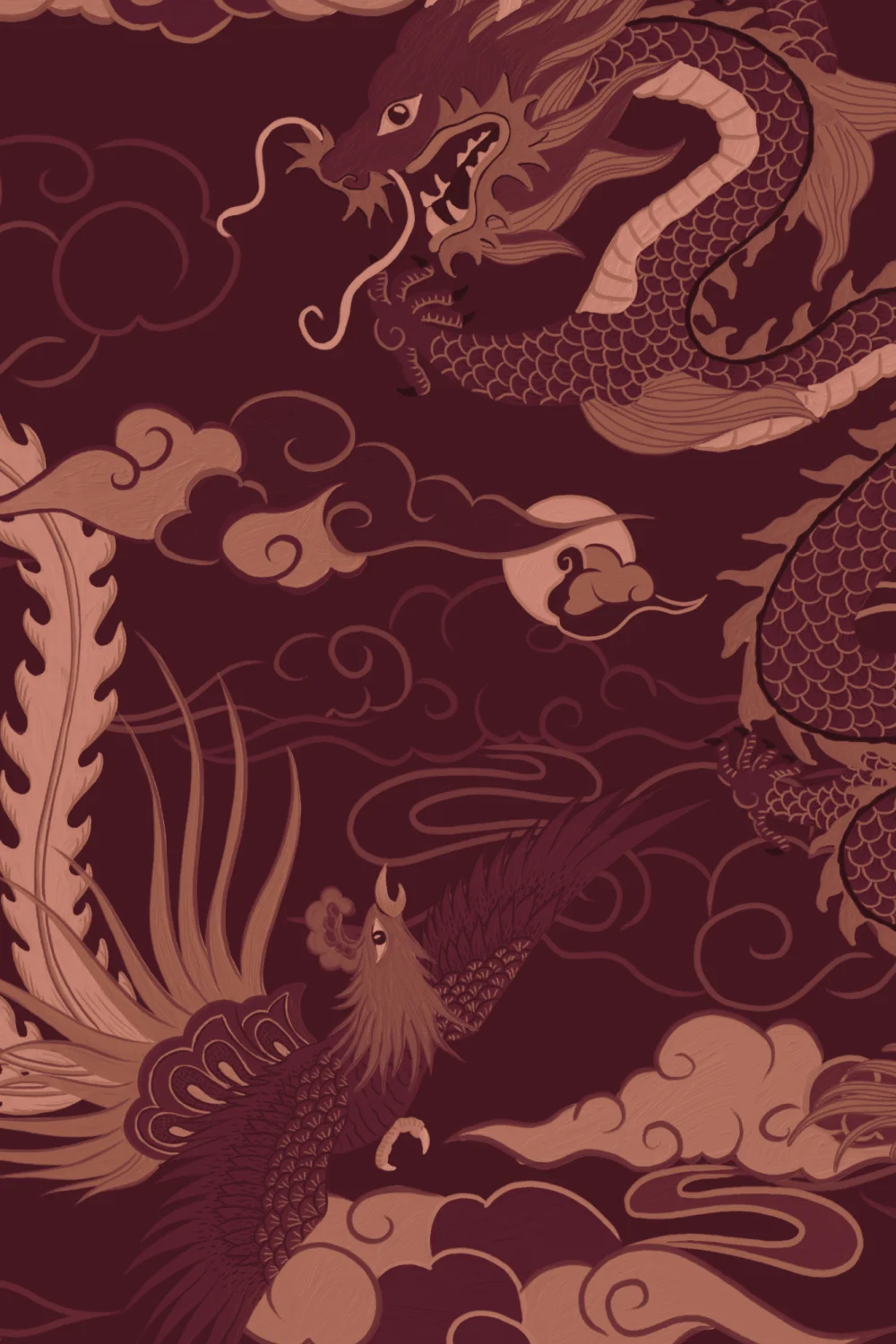 Red Chinese Dragon and Phoenix Wallpaper