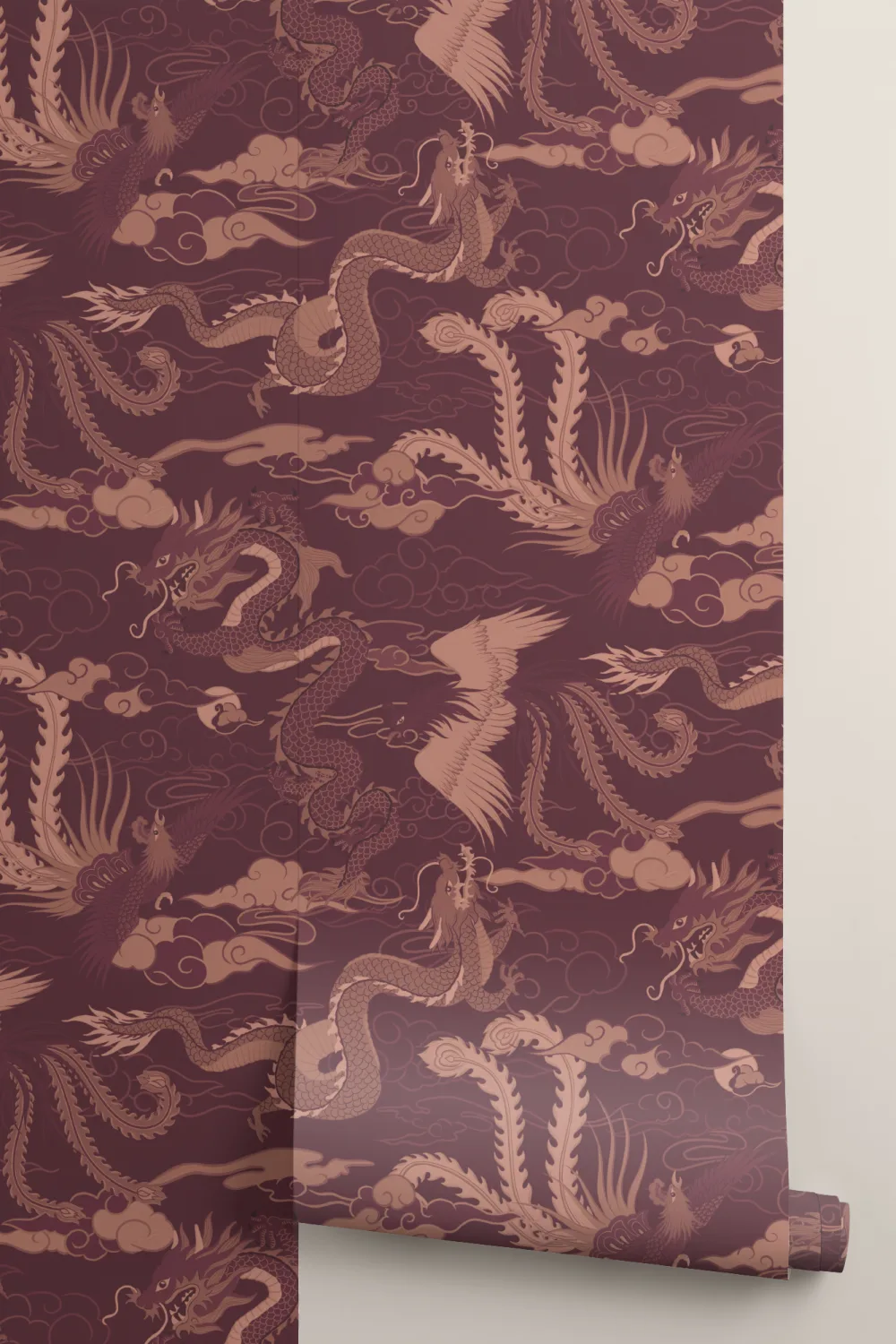 Red Chinese Dragon and Phoenix Wallpaper