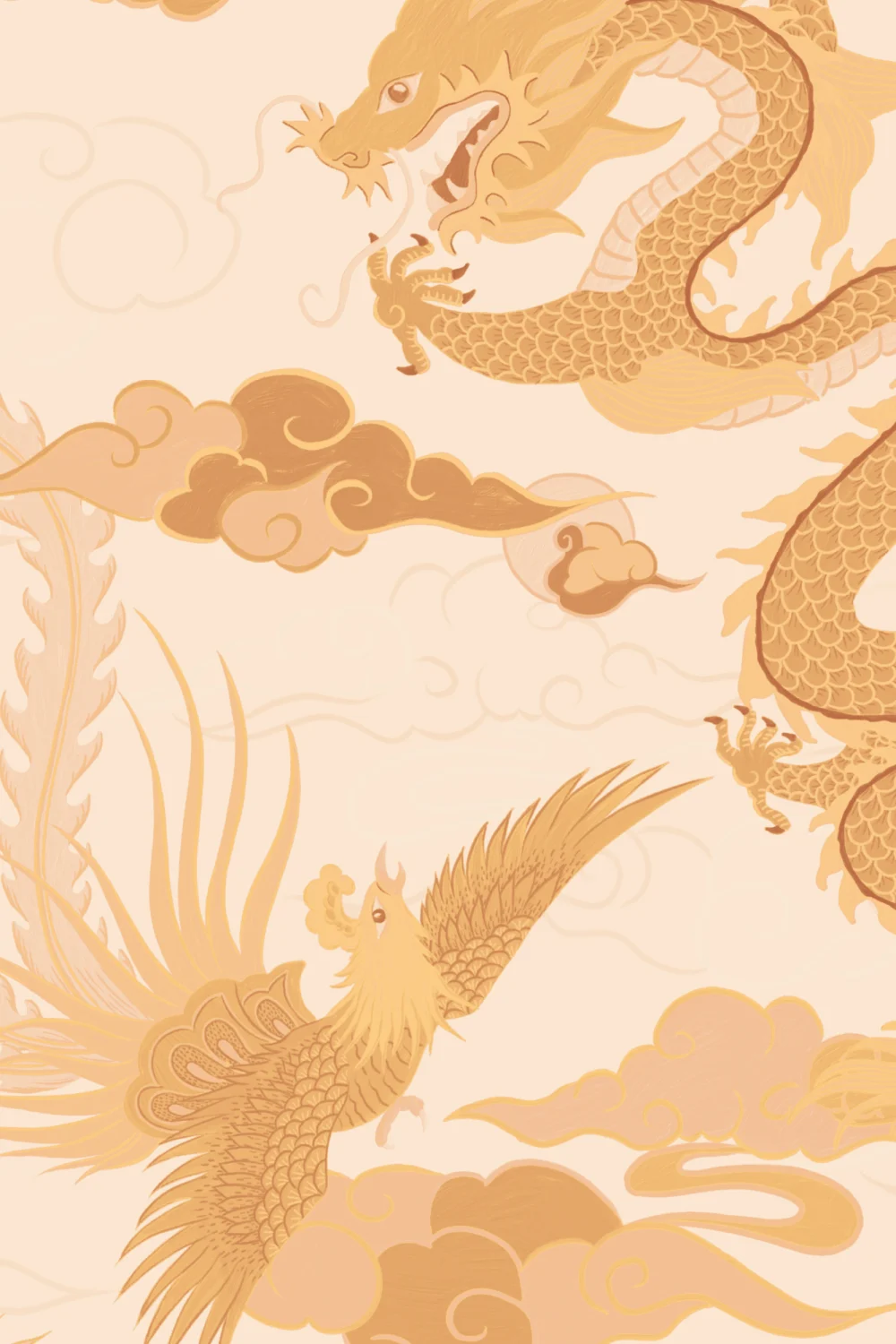 Papier peint or du dragon chinois et du phénix