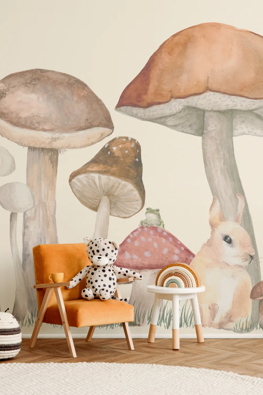 Papel Pintado Setas y Animales del Bosque en Beige