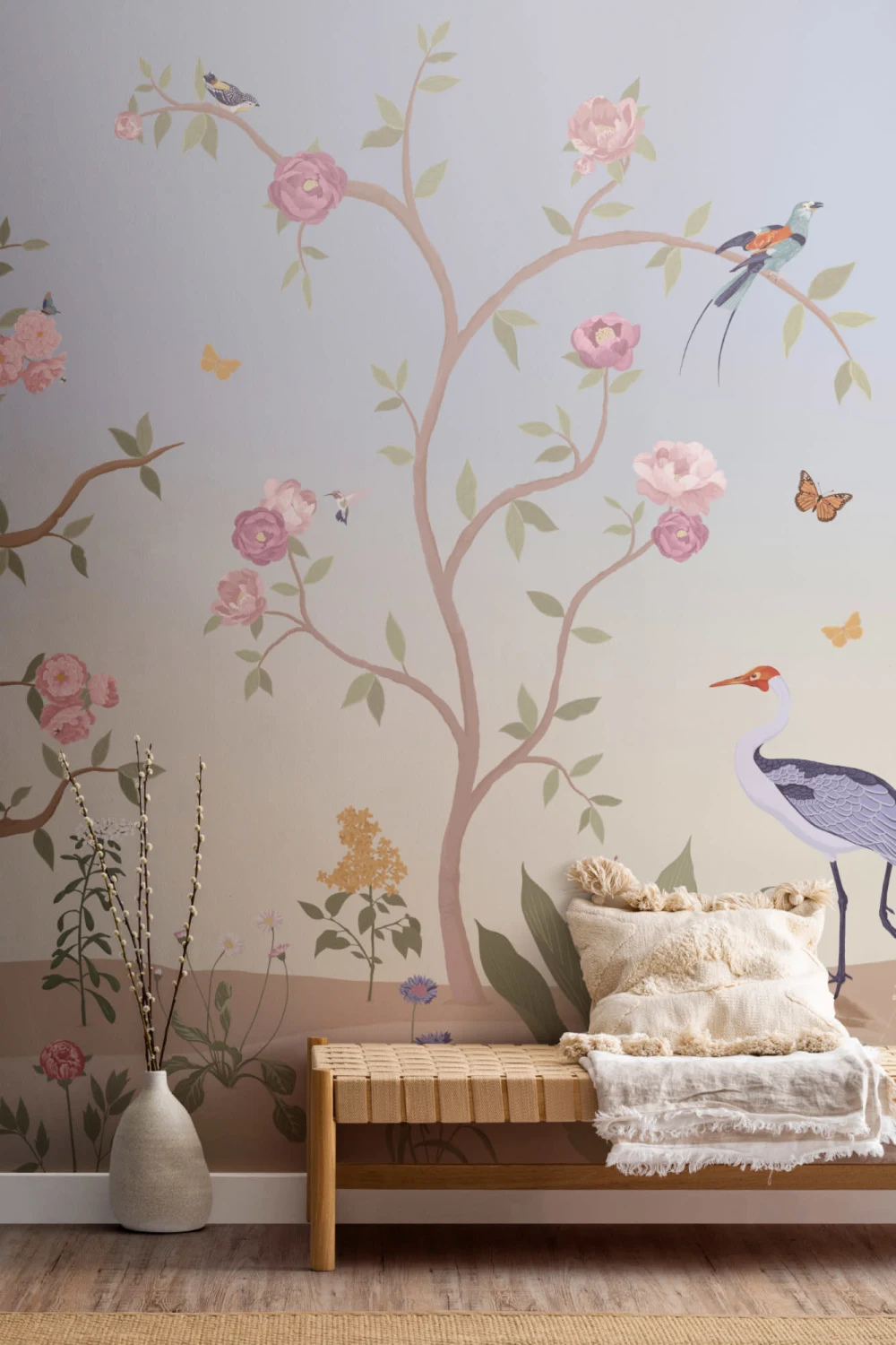 Sininen Chinoiserie Floral kevät puutarha seinäseinämaalaus