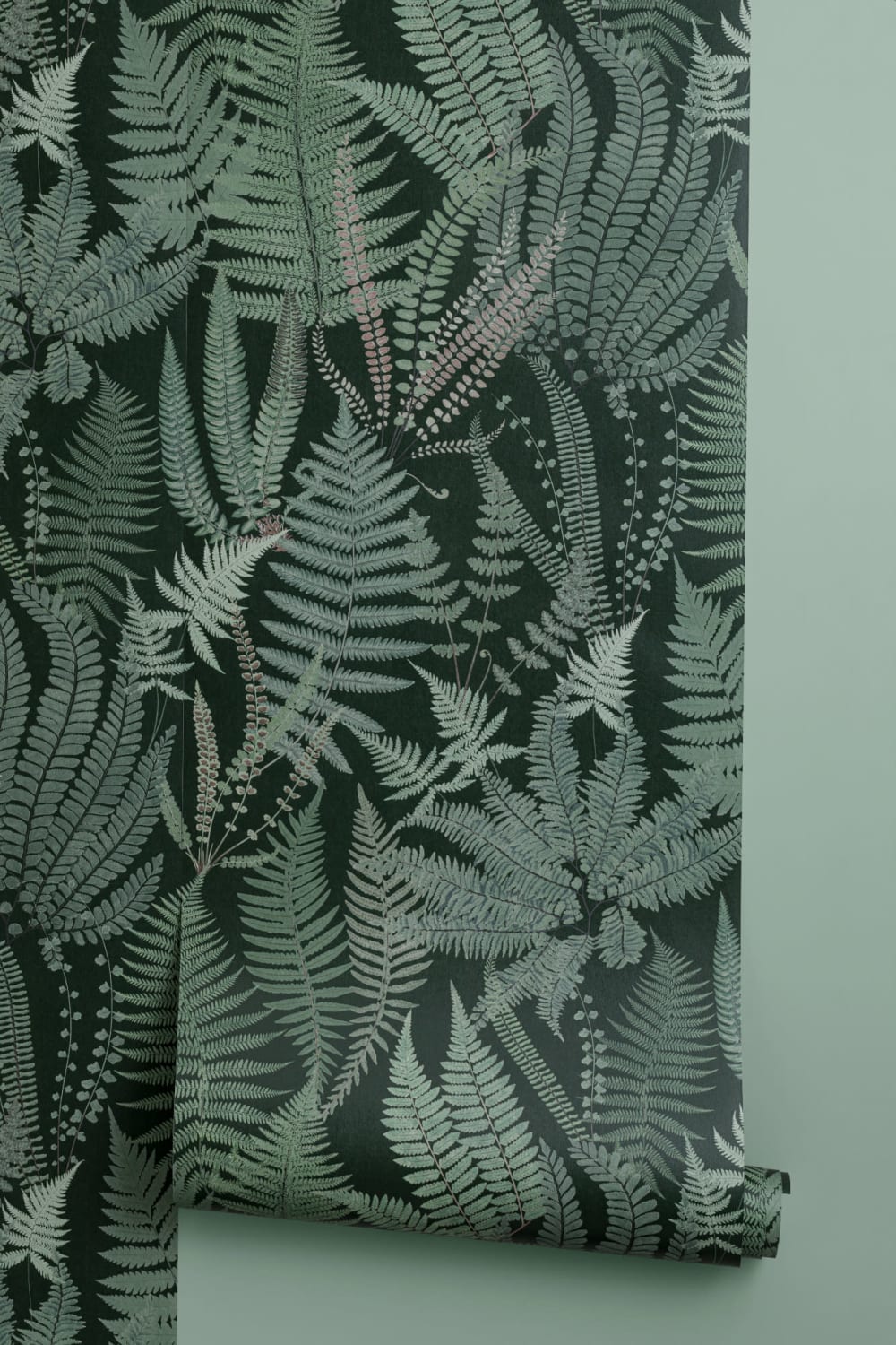 Dark Green Vintage Fern Illustrations Repeat Pattern Wallpaper