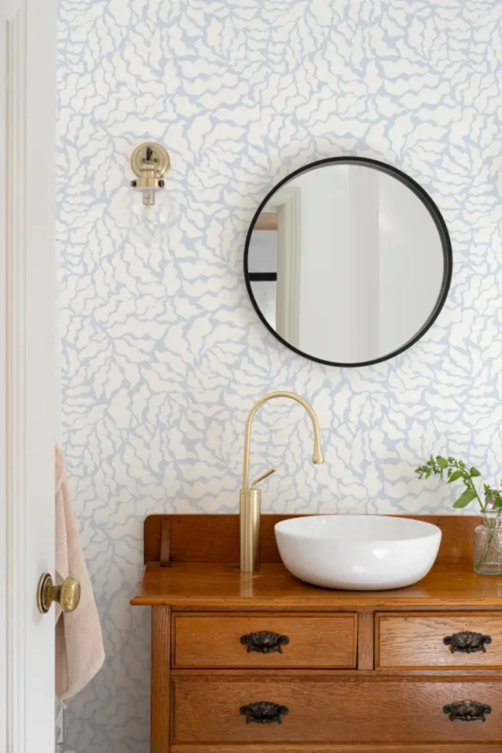 Sky Blue and Cream Abstract Botanical Repeat Pattern Wallpaper