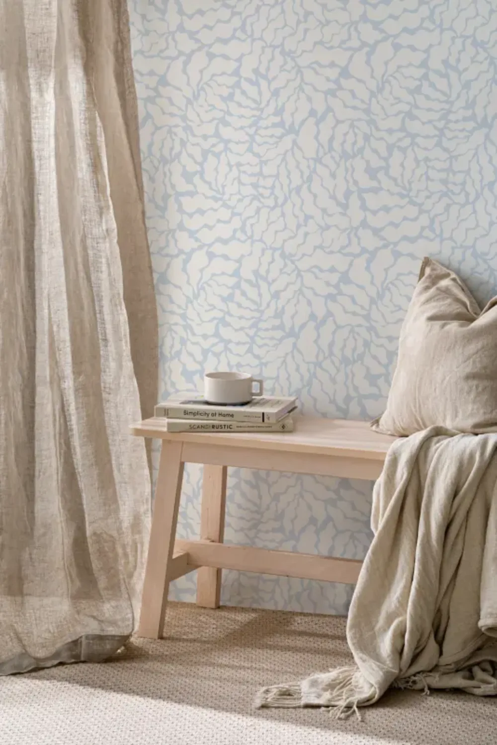 Sky Blue and Cream Abstract Botanical Repeat Pattern Wallpaper