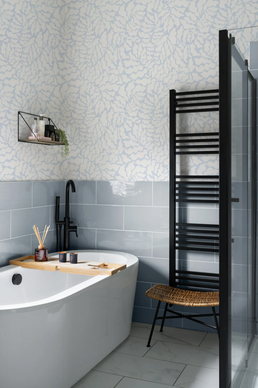 Sky Blue and Cream Abstract Botanical Repeat Pattern Wallpaper