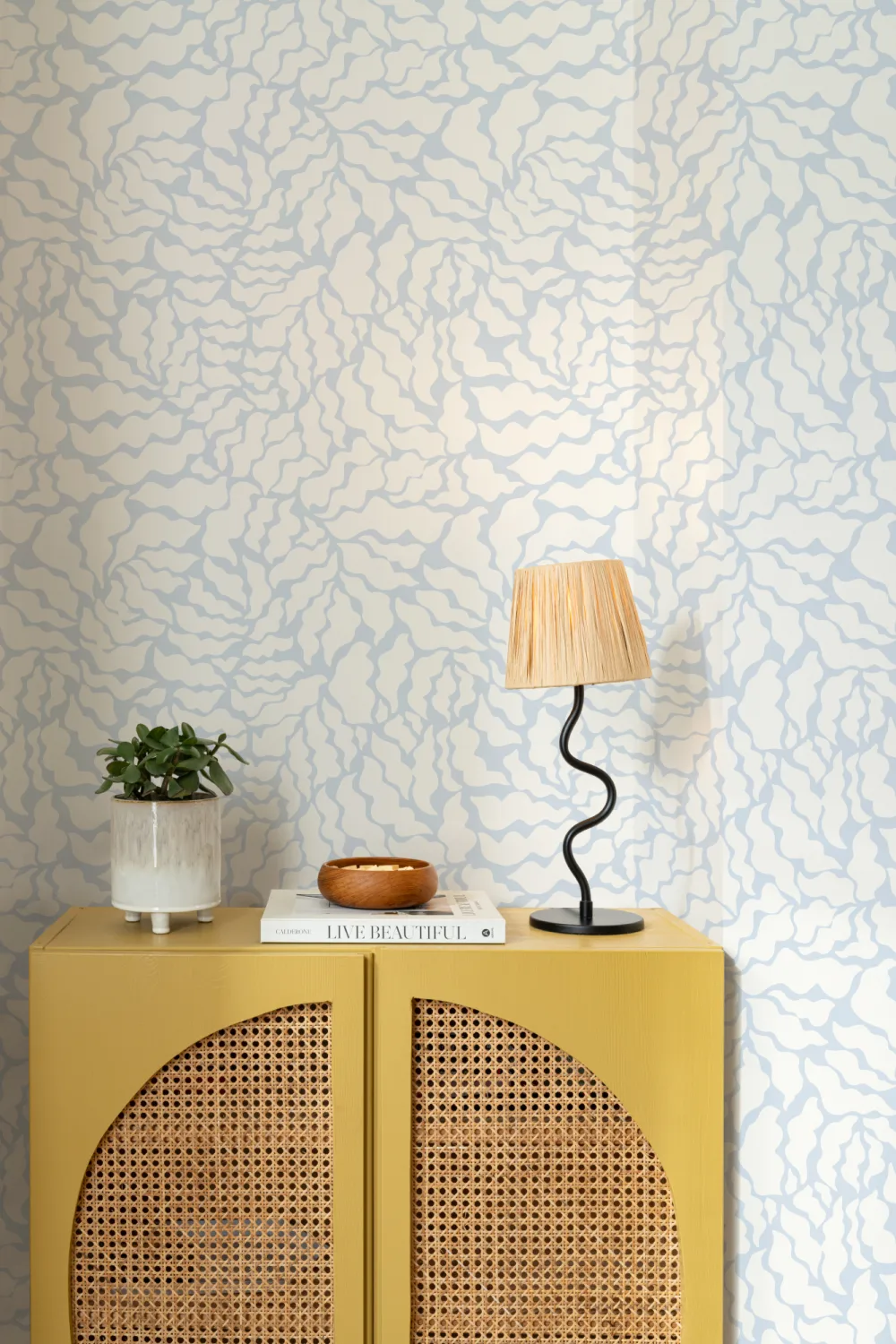 Sky Blue and Cream Abstract Botanical Repeat Pattern Wallpaper