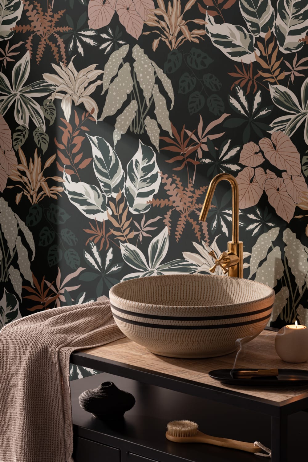 Dark Neutral and Green Modern Botanical Plants Repeat Pattern Wallpaper