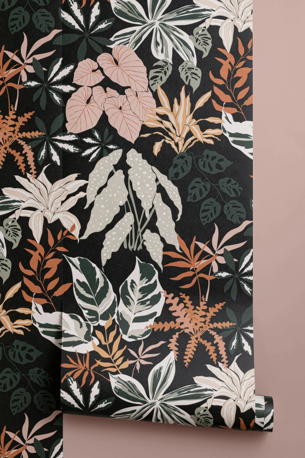 Dark Neutral and Green Modern Botanical Plants Repeat Pattern Wallpaper