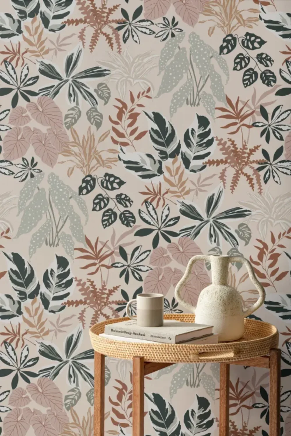 Neutral and Green Modern Botanical Plants Repeat Pattern Wallpaper