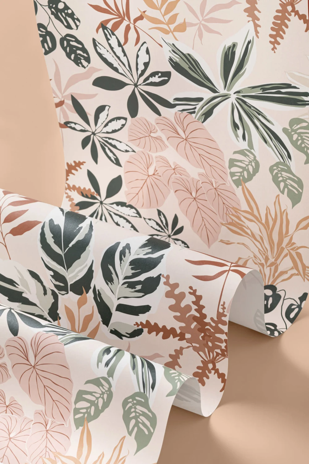 Neutral and Green Modern Botanical Plants Repeat Pattern Wallpaper