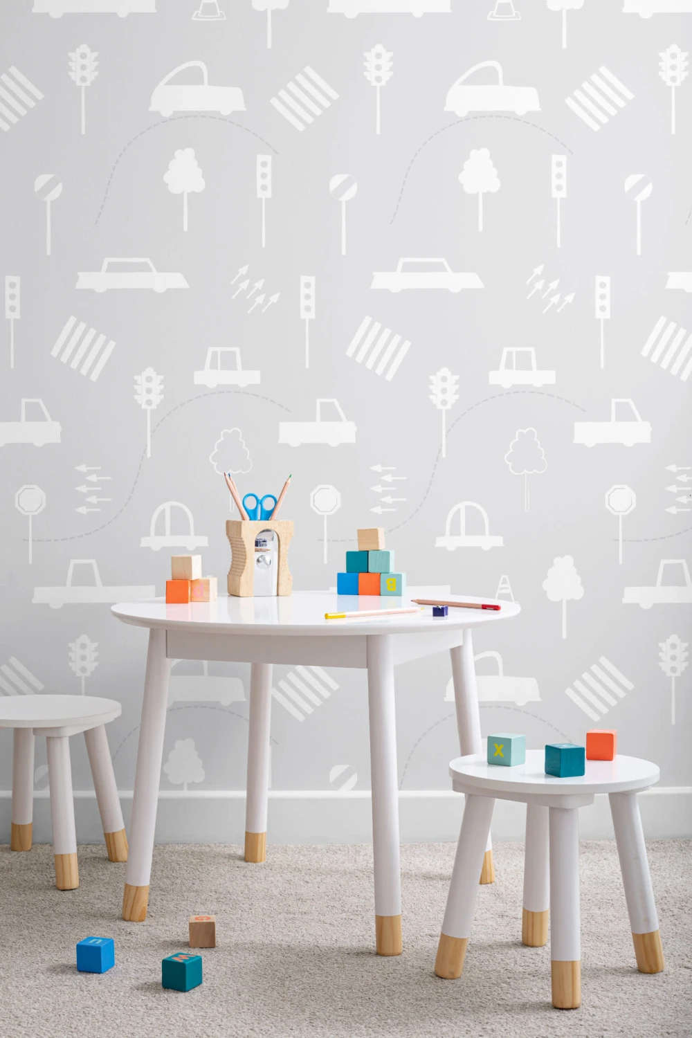 Papel de parede com padrão de repetição de engarrafamento cinzento e branco