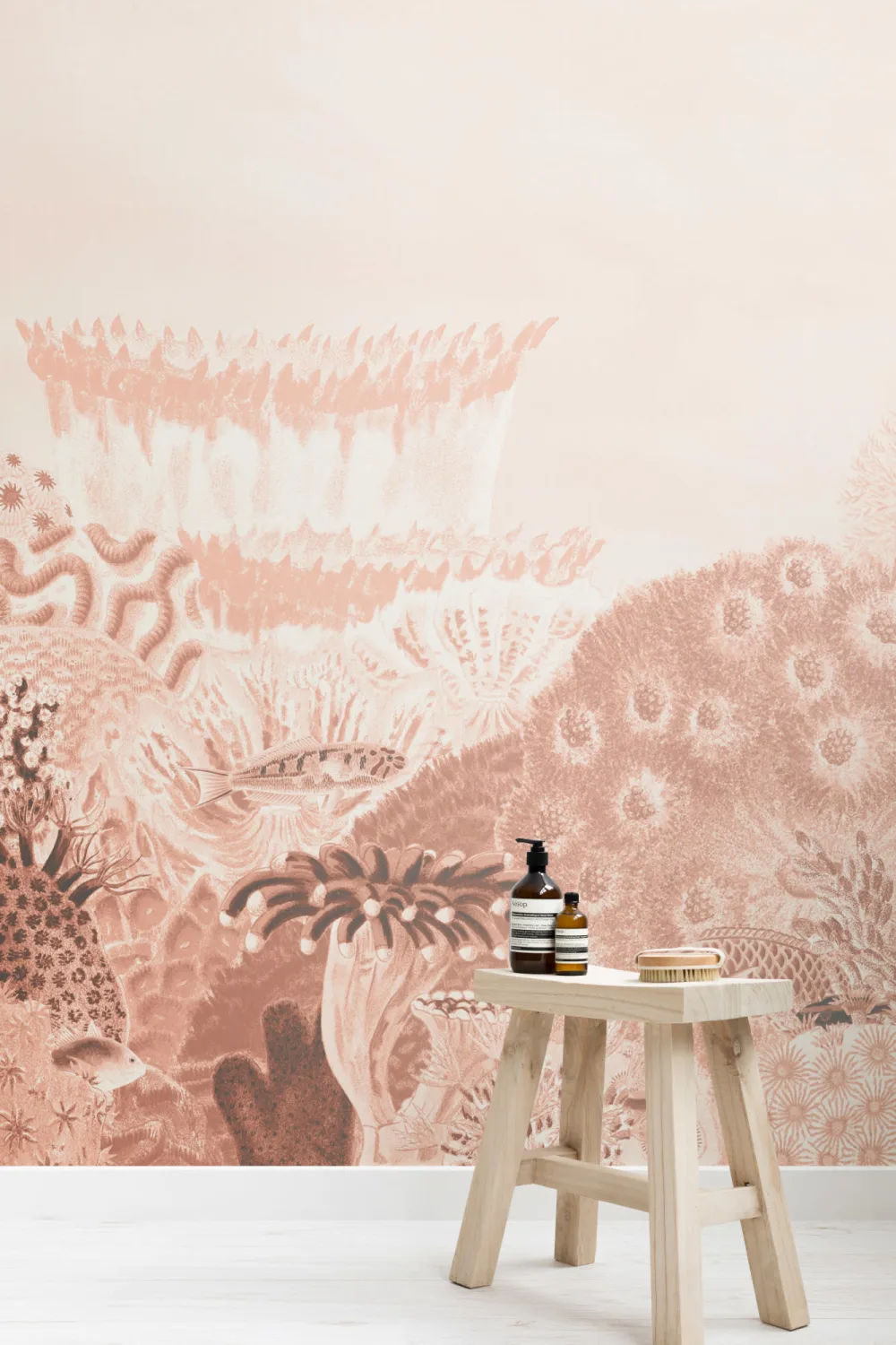 Mural de arrecife de coral con ilustraciones vintage en color melocotón