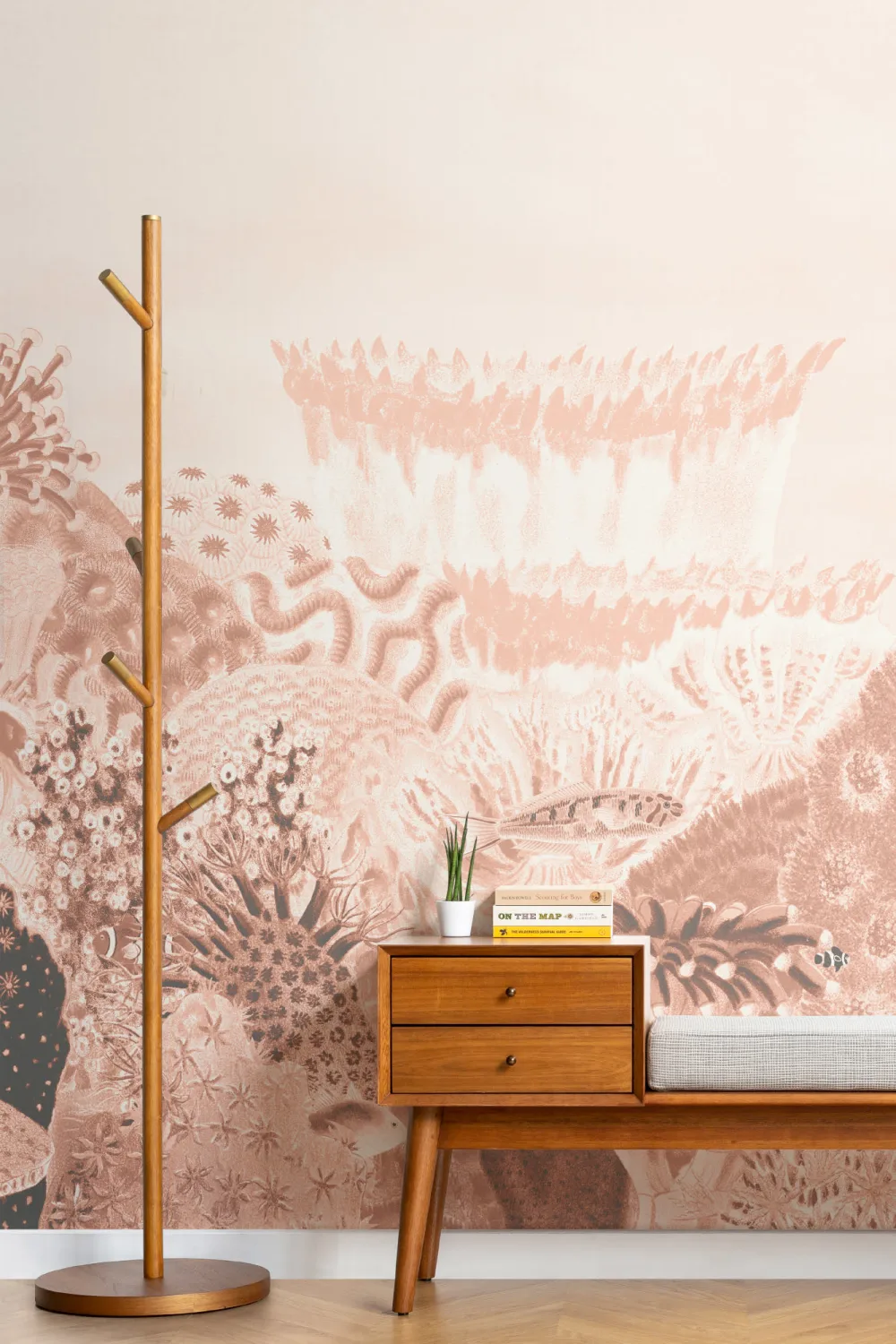 Mural de arrecife de coral con ilustraciones vintage en color melocotón