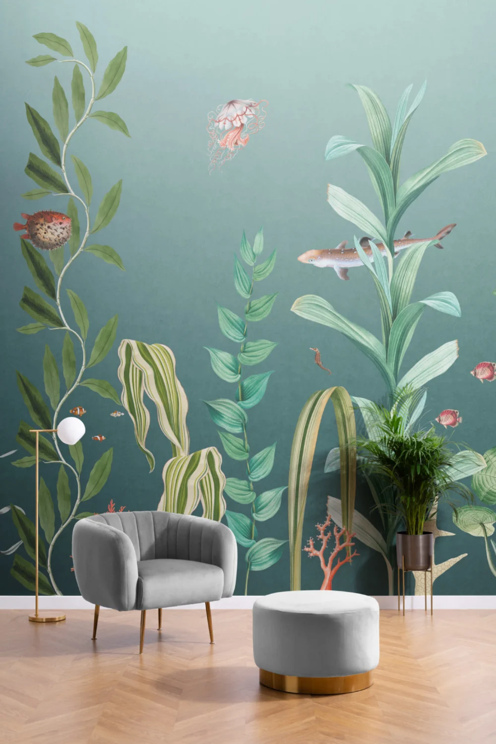 Mural subacuático de peces cerceta y algas marinas