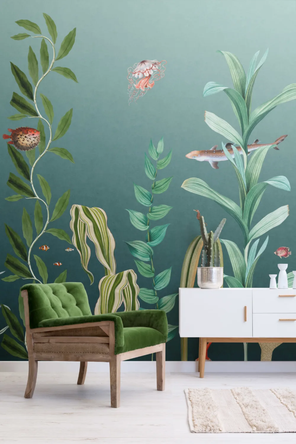 Mural subacuático de peces cerceta y algas marinas